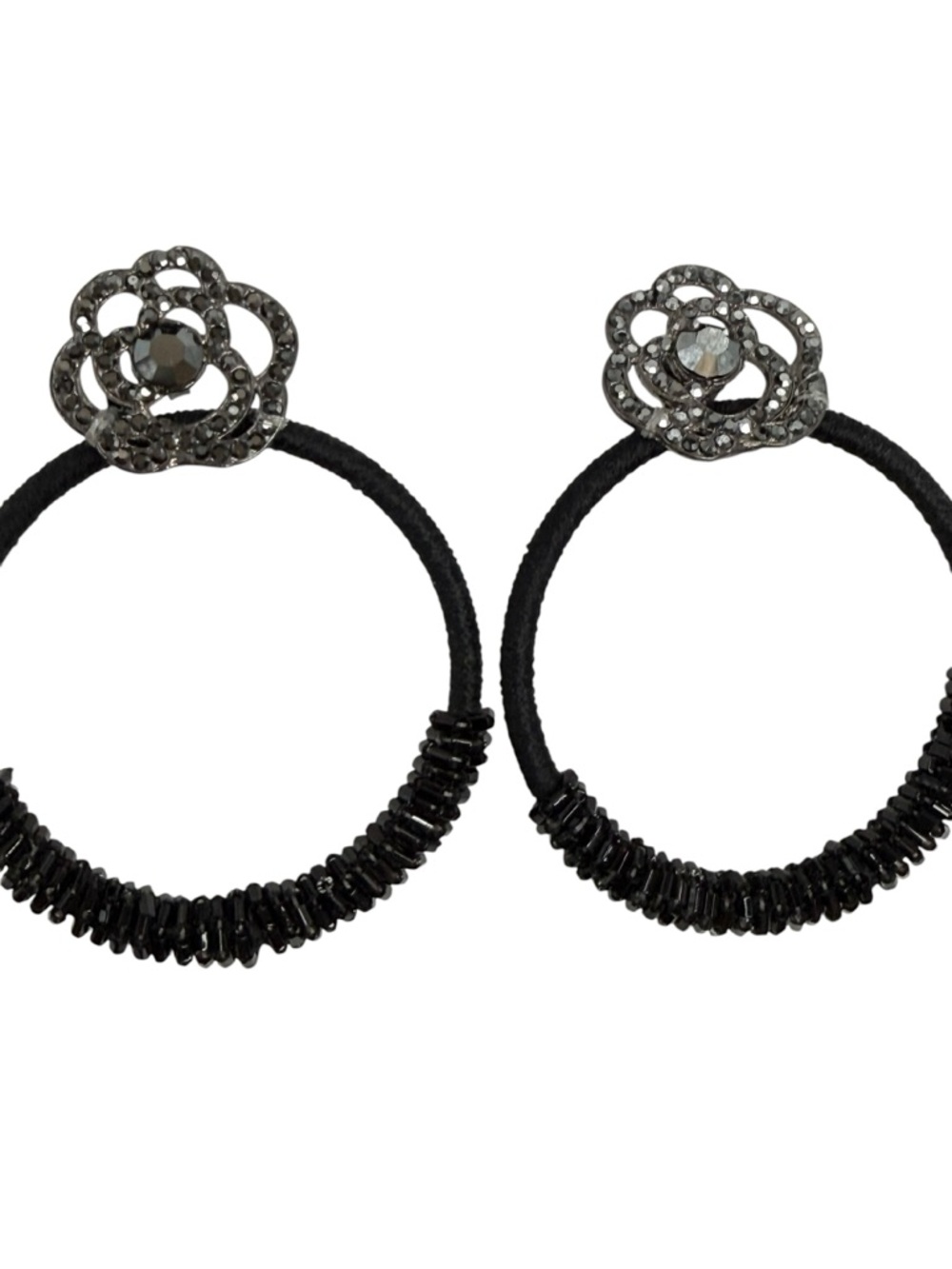 Black Hoop Earrings with Floral Studs rhinestone elegant